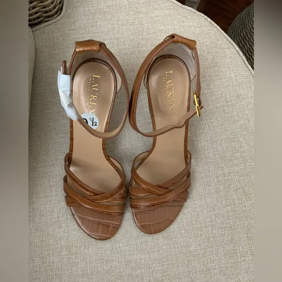 NWT Ralph Lauren Brown Leather High Heel Sandals Ankle Strap Gold Buckle 9.5