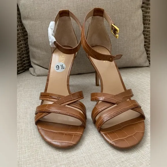 NWT Ralph Lauren Brown Leather High Heel Sandals Ankle Strap Gold Buckle 9.5