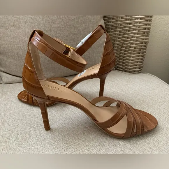 NWT Ralph Lauren Brown Leather High Heel Sandals Ankle Strap Gold Buckle 9.5