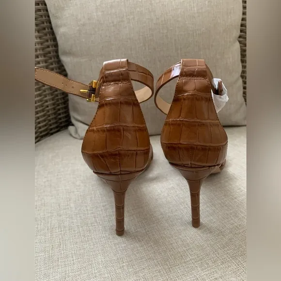 NWT Ralph Lauren Brown Leather High Heel Sandals Ankle Strap Gold Buckle 9.5