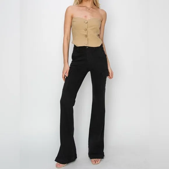 NWT RISEN PLUS   REG Size Black High Rise Side Slit Bootcut Cargo Pocket Jeans