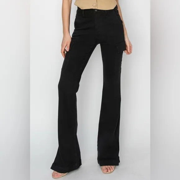 NWT RISEN PLUS   REG Size Black High Rise Side Slit Bootcut Cargo Pocket Jeans