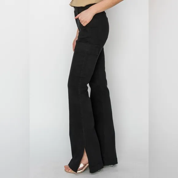 NWT RISEN PLUS   REG Size Black High Rise Side Slit Bootcut Cargo Pocket Jeans