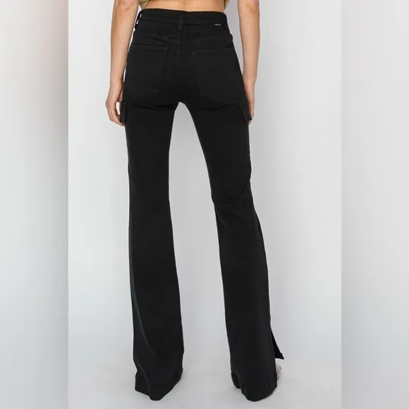 NWT RISEN PLUS   REG Size Black High Rise Side Slit Bootcut Cargo Pocket Jeans