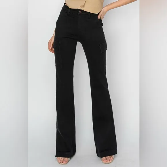 NWT RISEN PLUS   REG Size Black High Rise Side Slit Bootcut Cargo Pocket Jeans