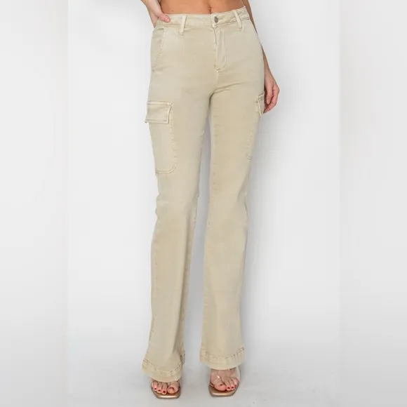 NWT RISEN PLUS   REG Size Cream High Rise Side Slit Bootcut Cargo Pocket Jeans