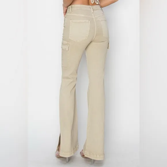 NWT RISEN PLUS   REG Size Cream High Rise Side Slit Bootcut Cargo Pocket Jeans