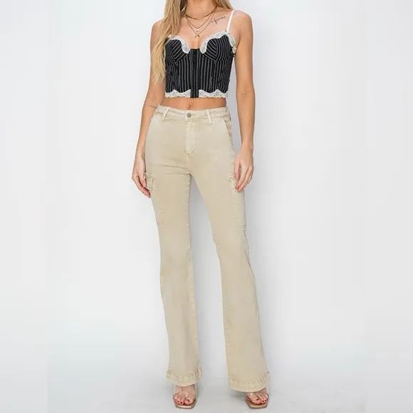 NWT RISEN PLUS   REG Size Cream High Rise Side Slit Bootcut Cargo Pocket Jeans
