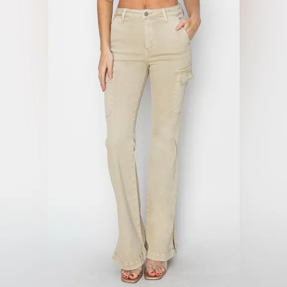 NWT RISEN PLUS   REG Size Cream High Rise Side Slit Bootcut Cargo Pocket Jeans