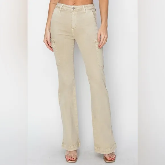 NWT RISEN PLUS   REG Size Cream High Rise Side Slit Bootcut Cargo Pocket Jeans