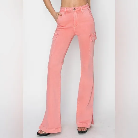 NWT RISEN PLUS   REG Size Flamingo Pink High Rise Bootcut Cargo Pocket Jeans