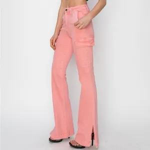 NWT RISEN PLUS   REG Size Flamingo Pink High Rise Bootcut Cargo Pocket Jeans