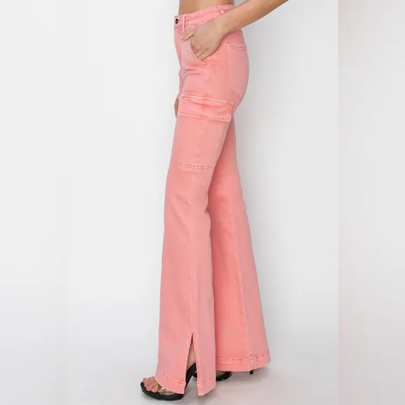 NWT RISEN PLUS   REG Size Flamingo Pink High Rise Bootcut Cargo Pocket Jeans