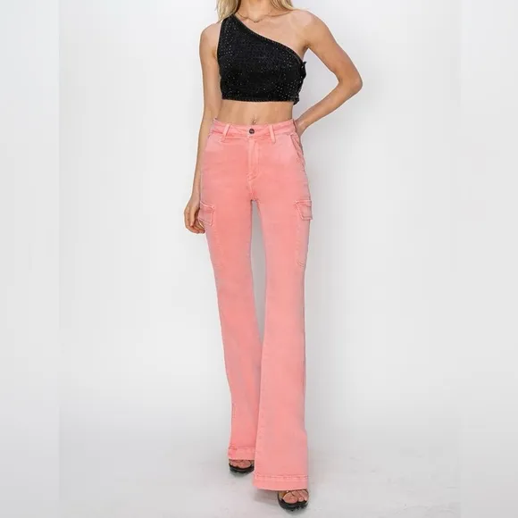 NWT RISEN PLUS   REG Size Flamingo Pink High Rise Bootcut Cargo Pocket Jeans