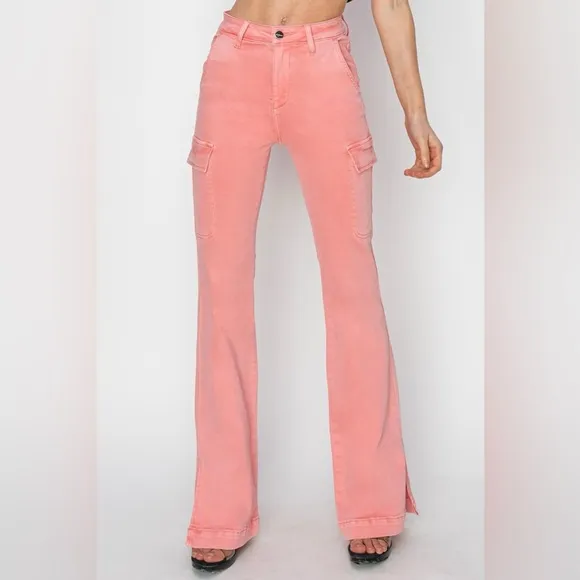 NWT RISEN PLUS   REG Size Flamingo Pink High Rise Bootcut Cargo Pocket Jeans