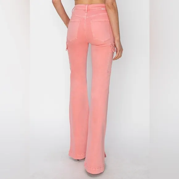 NWT RISEN PLUS   REG Size Flamingo Pink High Rise Bootcut Cargo Pocket Jeans