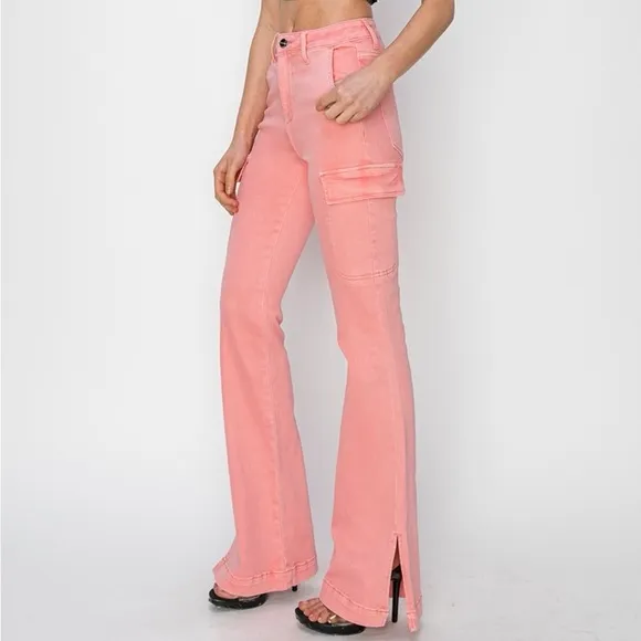 NWT RISEN PLUS   REG Size Flamingo Pink High Rise Bootcut Cargo Pocket Jeans