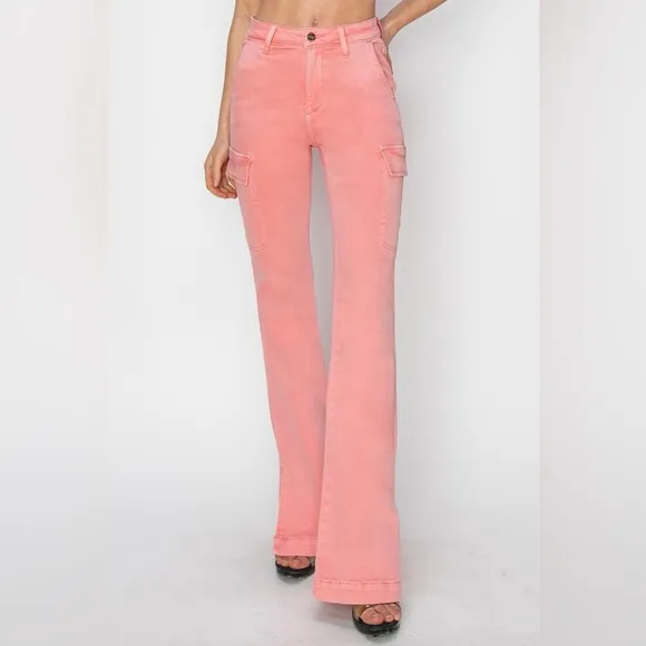 NWT RISEN PLUS   REG Size Flamingo Pink High Rise Bootcut Cargo Pocket Jeans