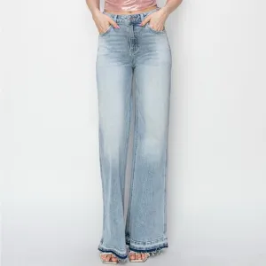 NWT Risen PLUS   REG Size High Rise Light Wash Raw Release Hem Wide Leg Jeans