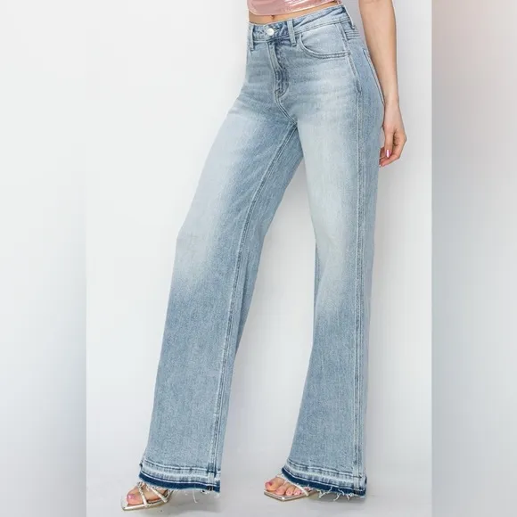 NWT Risen PLUS   REG Size High Rise Light Wash Raw Release Hem Wide Leg Jeans