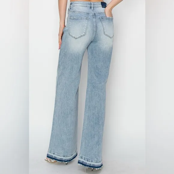 NWT Risen PLUS   REG Size High Rise Light Wash Raw Release Hem Wide Leg Jeans