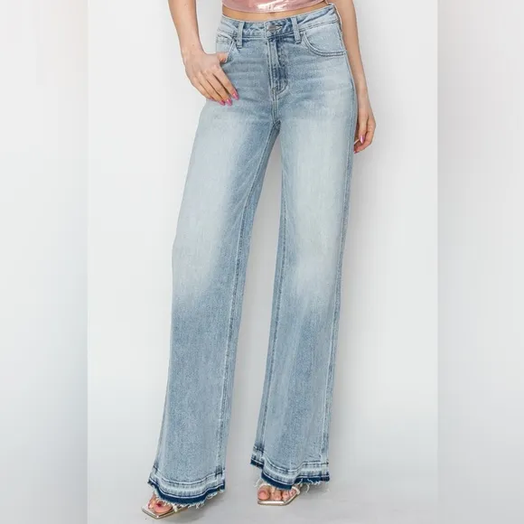 NWT Risen PLUS   REG Size High Rise Light Wash Raw Release Hem Wide Leg Jeans