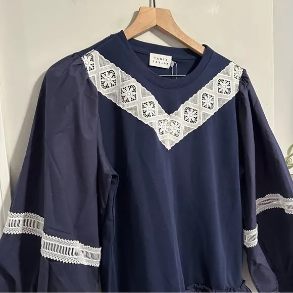 NWT TANYA TAYLOR Blue White Cotton Mini Dress Lace Medium
