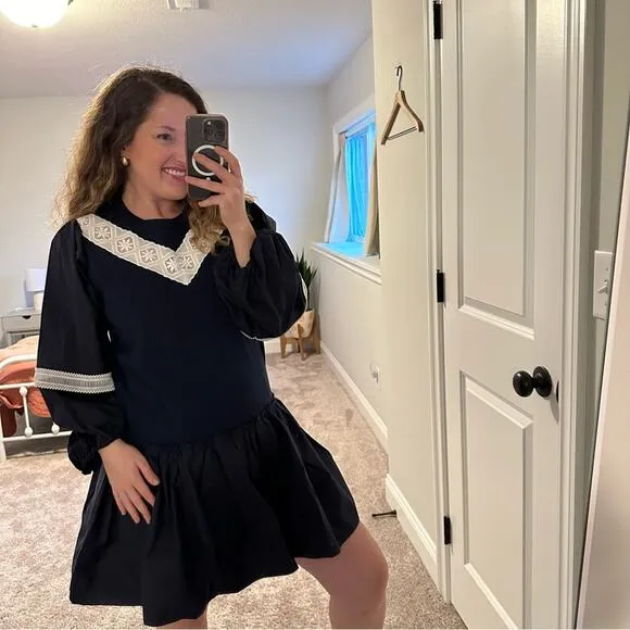 NWT TANYA TAYLOR Blue White Cotton Mini Dress Lace Medium