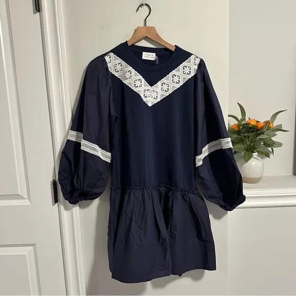 NWT TANYA TAYLOR Blue White Cotton Mini Dress Lace Medium