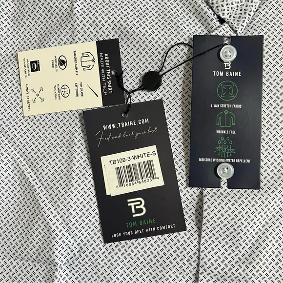 NWT TOM BAINE WHITE &amp; NAVY SLIM FIT LONG SLEEVE BUTTON DOWN DRESS SHIRT SIZE S