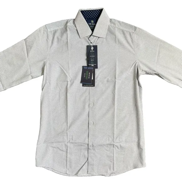 NWT TOM BAINE WHITE &amp; NAVY SLIM FIT LONG SLEEVE BUTTON DOWN DRESS SHIRT SIZE S