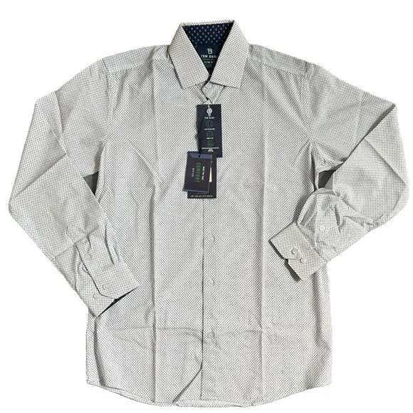 NWT TOM BAINE WHITE &amp; NAVY SLIM FIT LONG SLEEVE BUTTON DOWN DRESS SHIRT SIZE S