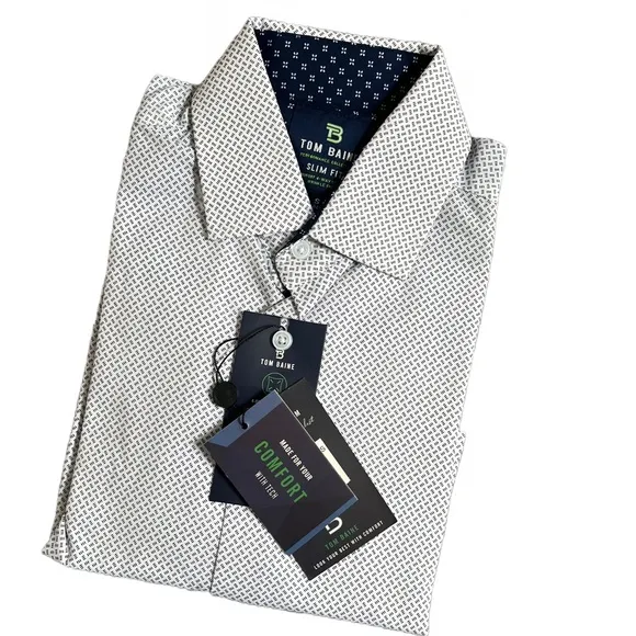 NWT TOM BAINE WHITE &amp; NAVY SLIM FIT LONG SLEEVE BUTTON DOWN DRESS SHIRT SIZE S
