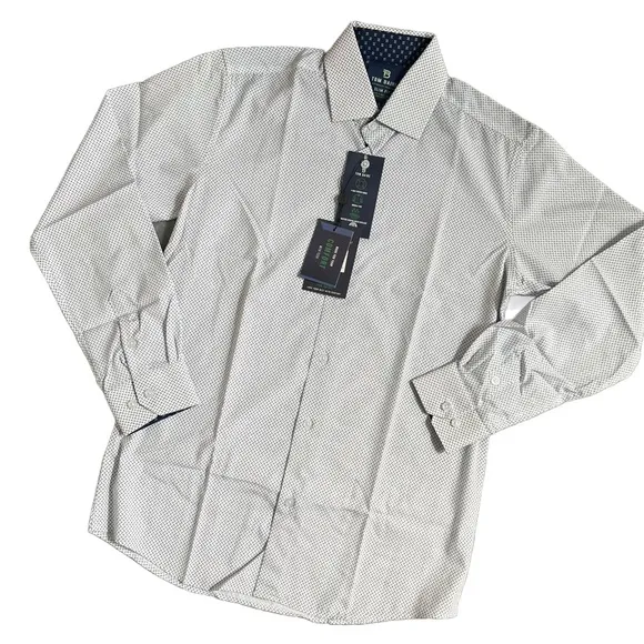 NWT TOM BAINE WHITE &amp; NAVY SLIM FIT LONG SLEEVE BUTTON DOWN DRESS SHIRT SIZE S