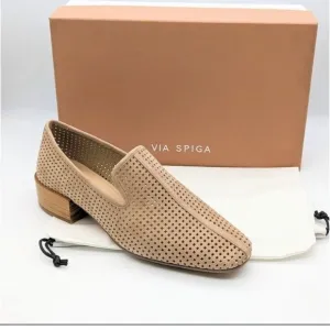 NWT Via Spiga Sz 8 Suede Leather Perforated Baudelaire Block Heel SlipOn Loafers