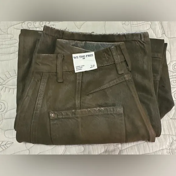 NWT We The Free Good Luck Barrel Coated Jeans 27 New Moon Brown