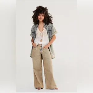 NWT We The Free Waterfalls Baggy Wide-Leg Jeans in Cowboy Khaki 28 S