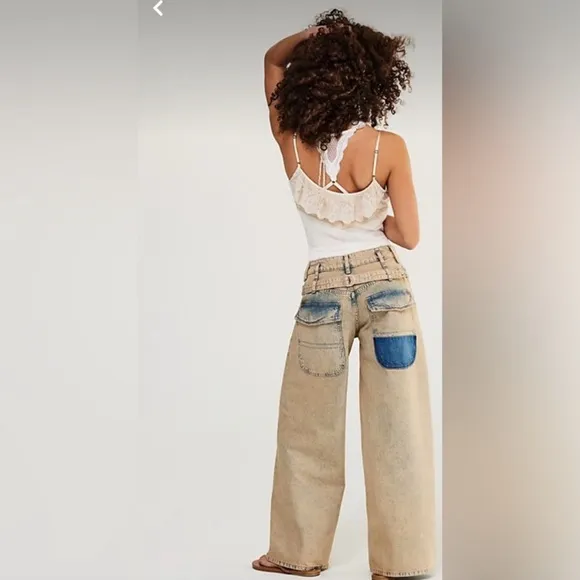 NWT We The Free Waterfalls Baggy Wide-Leg Jeans in Cowboy Khaki 28 S