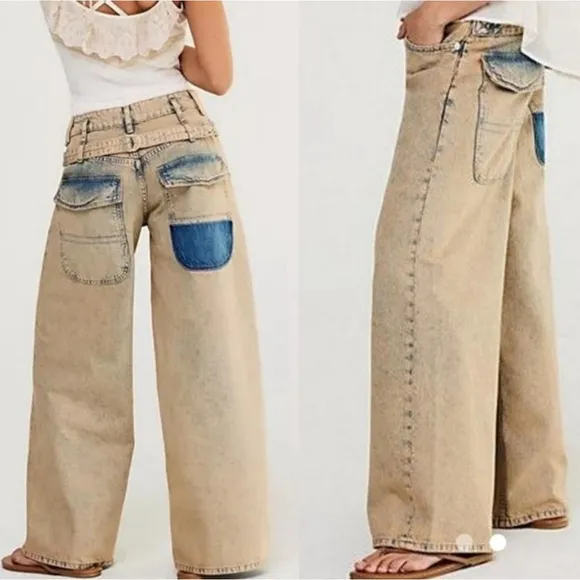 NWT We The Free Waterfalls Baggy Wide-Leg Jeans in Cowboy Khaki 28 S