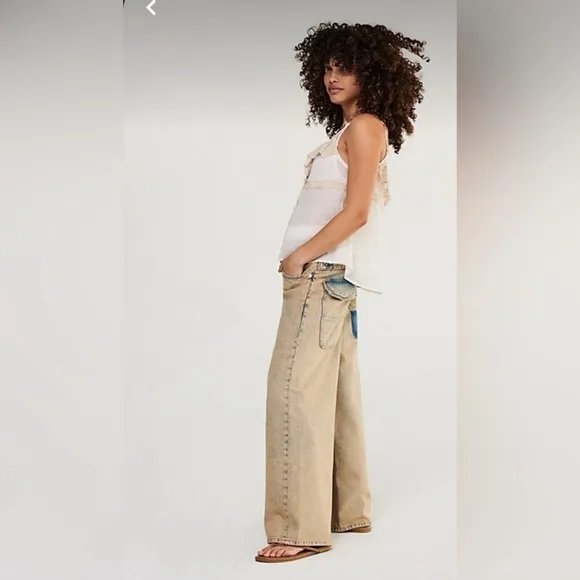 NWT We The Free Waterfalls Baggy Wide-Leg Jeans in Cowboy Khaki 28 S