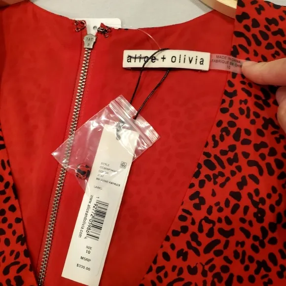 NWT$330 Alice   Olivia Polly Red Leopard Long Sleeved Fit &amp; Flare Mini Dress 10