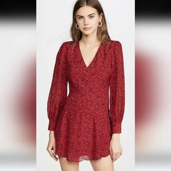 NWT$330 Alice   Olivia Polly Red Leopard Long Sleeved Fit &amp; Flare Mini Dress 10