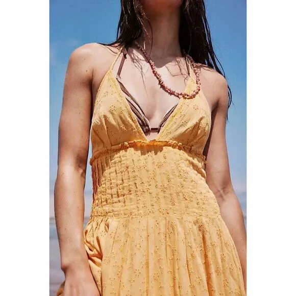NWT Free People Pintuck Paradise Maxi Dress Size XL Yellow Eyelet Halter