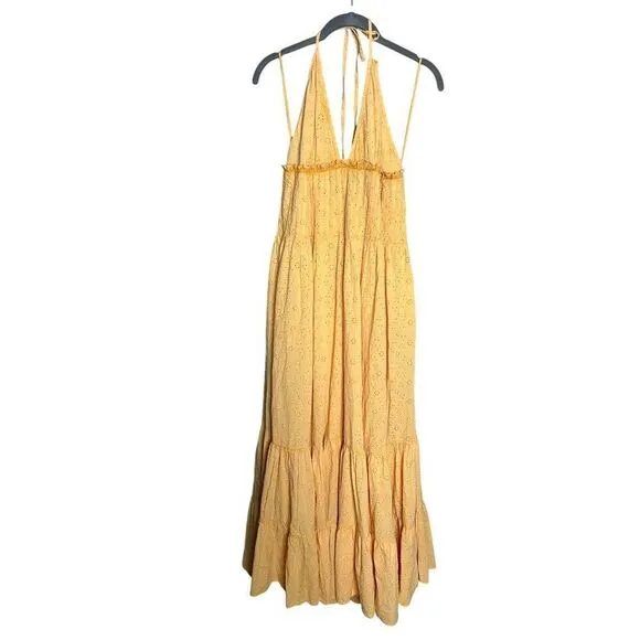 NWT Free People Pintuck Paradise Maxi Dress Size XL Yellow Eyelet Halter