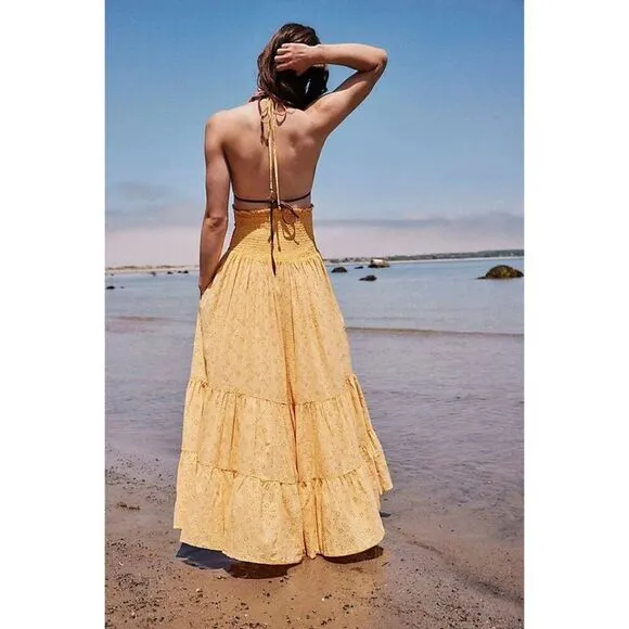 NWT Free People Pintuck Paradise Maxi Dress Size XL Yellow Eyelet Halter
