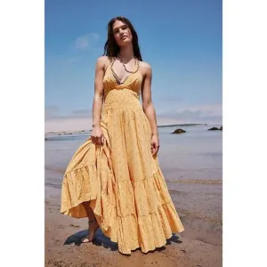 NWT Free People Pintuck Paradise Maxi Dress Size XL Yellow Eyelet Halter