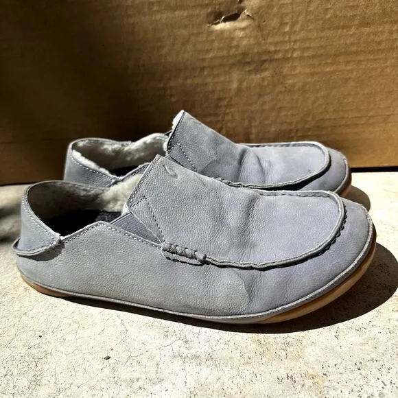 OluKai Kipuka Hulu Slip On Leather Loafers Casual Shearling Comfort Gray 9