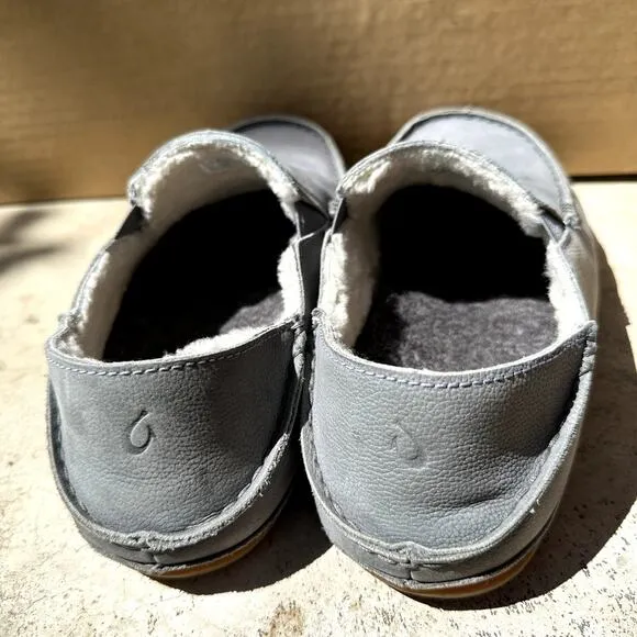 OluKai Kipuka Hulu Slip On Leather Loafers Casual Shearling Comfort Gray 9