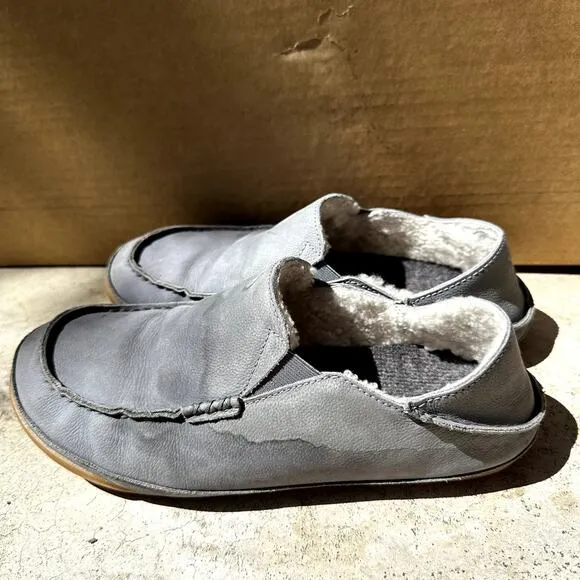 OluKai Kipuka Hulu Slip On Leather Loafers Casual Shearling Comfort Gray 9