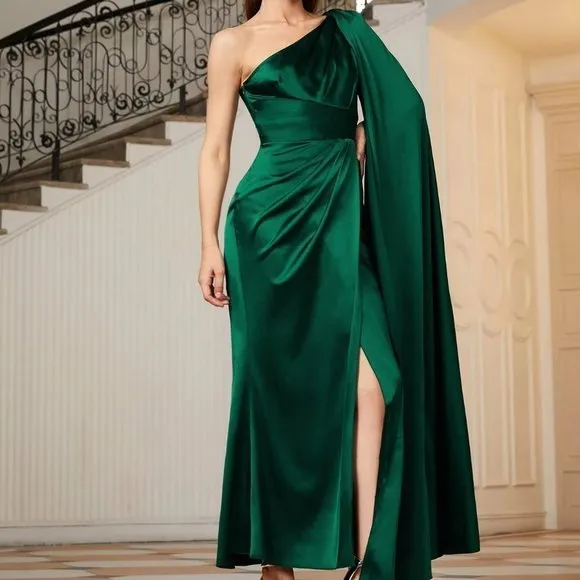 One Shoulder Cloak Sleeve Wrap Hem Solid Bridesmaid Dark Green
